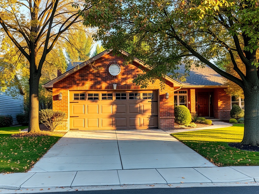 New carriage-style garage door on a brick ranch home with fall leaves on the lawn