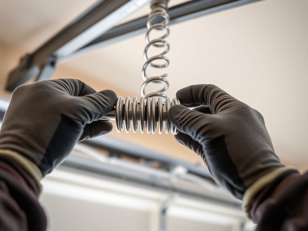 Technician's gloved hands winding a torsion spring above a garage door