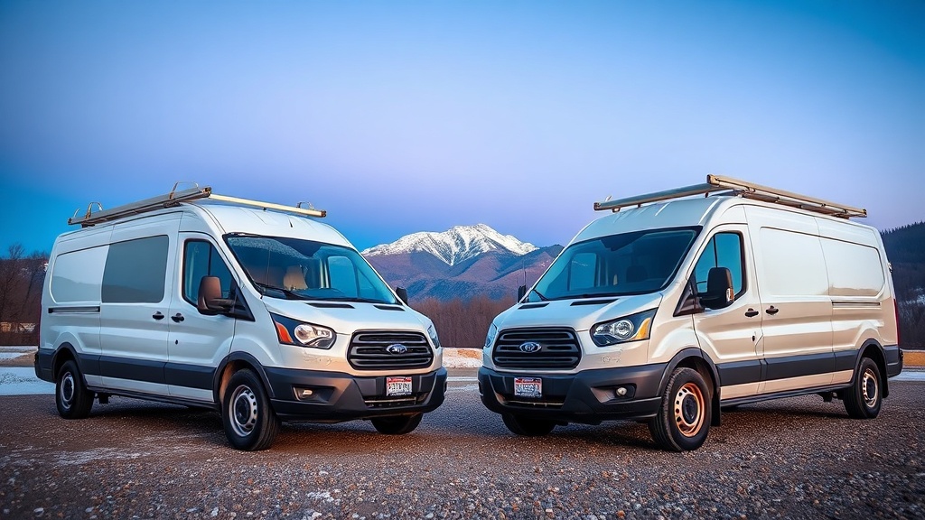 Two service vans parked side by side at dawn with the Flatirons behind them