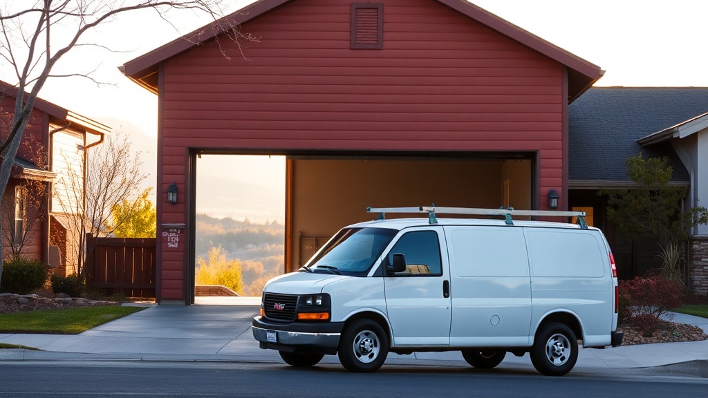 Service van parked outside a Boulder home with its two-car garage door open and the Flatirons in the distance