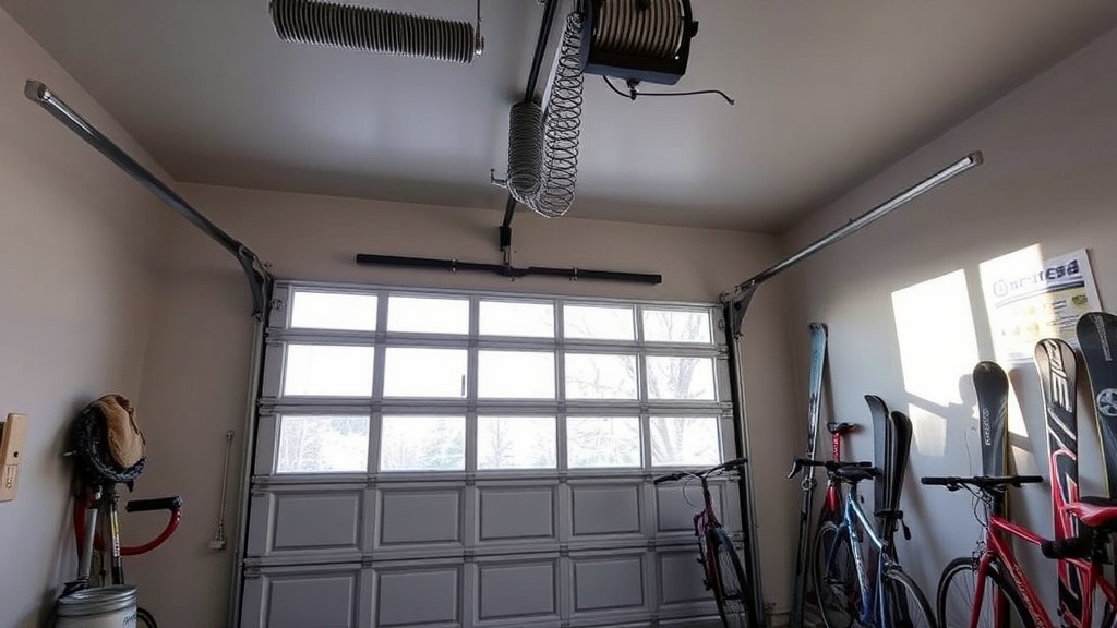 Torsion spring and cable drum above a closed garage door inside a Boulder garage