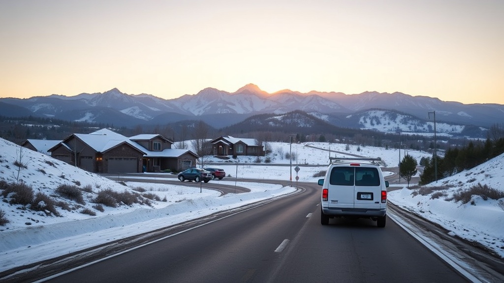 A work van on a Boulder County road with the snowy Flatirons in the background