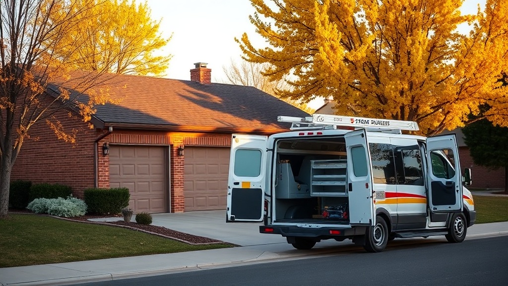 A service van parked outside a Lafayette home with a partly open two-car garage door